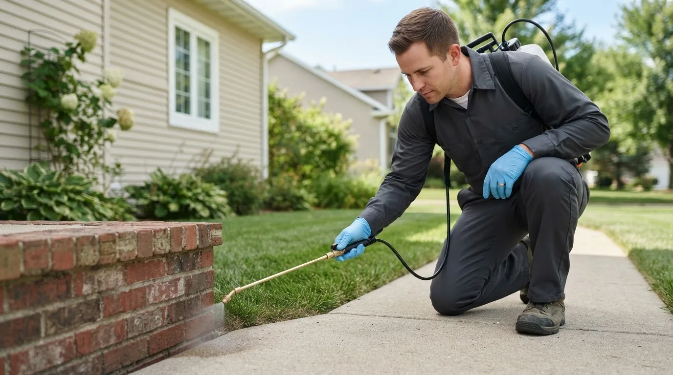 Pest control technician treating a home near Zanesville, IN