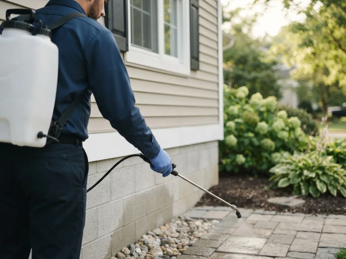 Pest control technician inspecting a home in Zanesville, IN